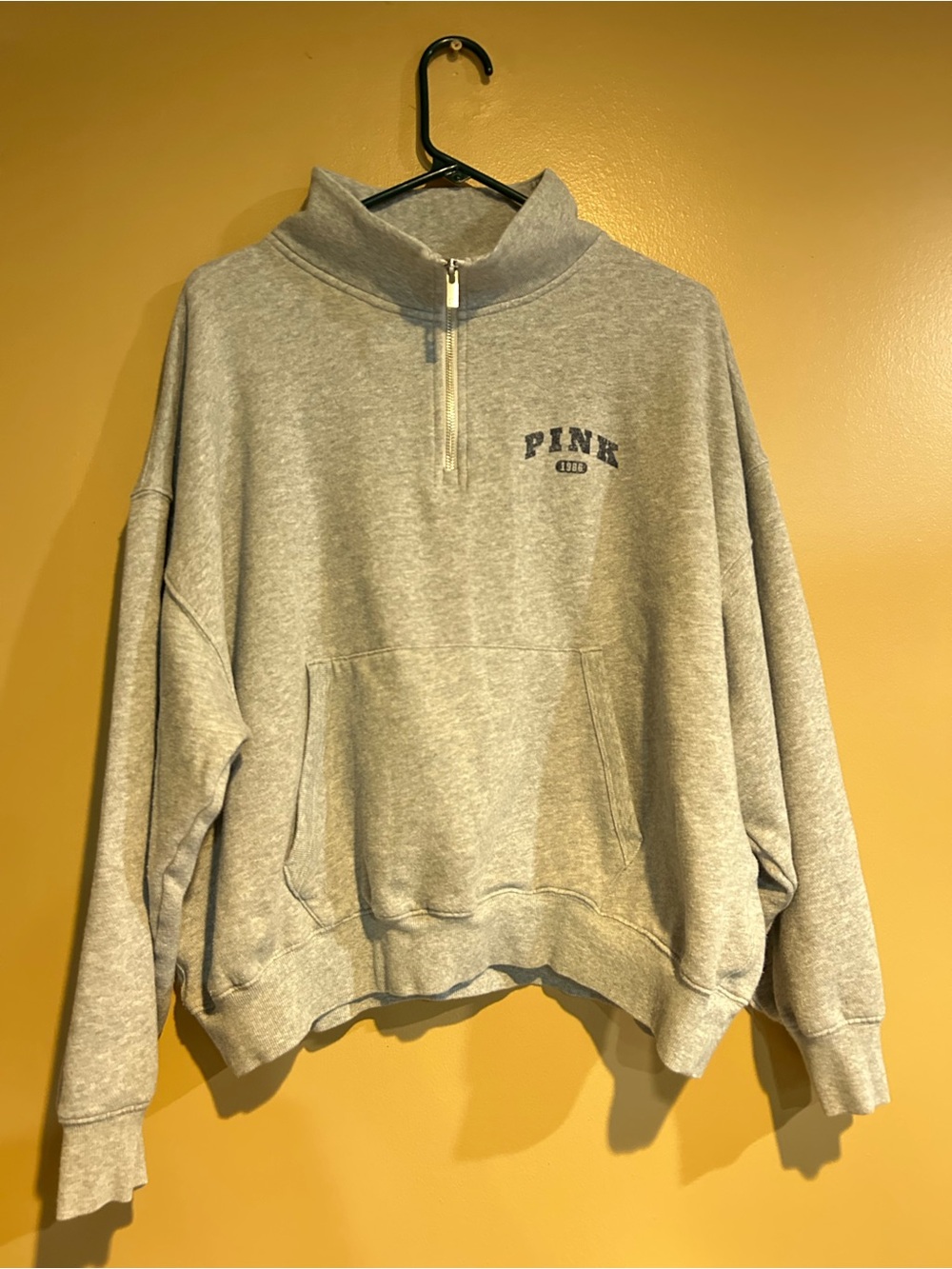 PINK Gray Zip Hoodie - Front pocket